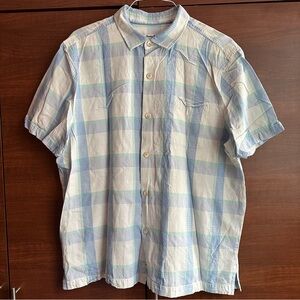 Tommy Bahama Men’s Blue and Yellow Plaid Short Sleeve Button Down Shirt